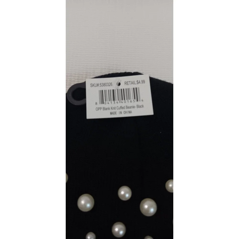 Black‎ Knit Cuffed Beanie with Faux Pearl and Flower Accents Headpiece